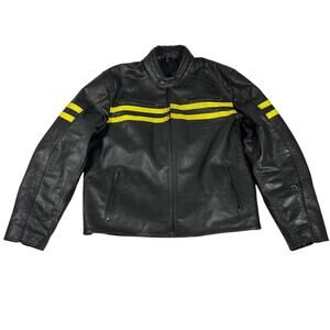 HWK Motorsports Genuine Leather Black Motorcycle Jacket Men's XL Yellow Stripes